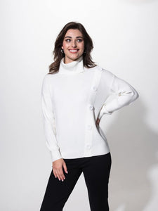 Alison Sheri Off-White Ribbed Button Detail Cowl Neck Sweater