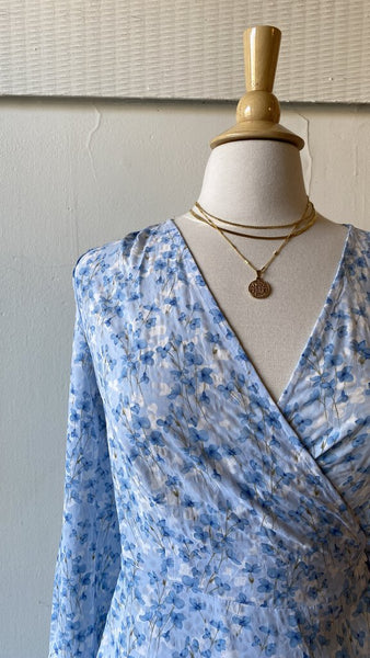 Angel Eye 'Lisa' Blue Dainty Floral Mesh Long Sleeve Wrap Dress