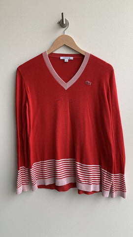 Lacoste Red w/ White Stripe V-Neck Sweater - Size 44 (Large)