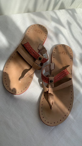 Ugg Toffee and Coral Braided Genuine Leather T Strap Sandal - Size 10