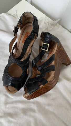 Miz Mooz Black 'Petra' Strappy Wood Heels - Size 7