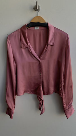 Wilfred Rose Satin Front Tie Long Sleeve Blouse - Size Small