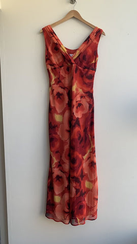 Aria Red Painted Floral Print Sleeveless Gown - Size 10