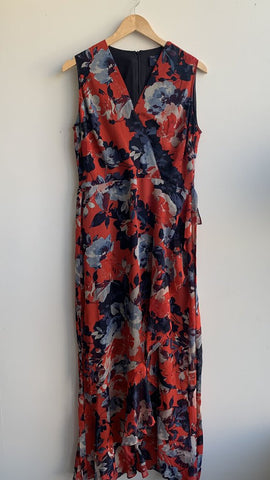 Just Taylor Red/Navy Floral Print Sleeveless Belted Full-Length Dress - Size Medium (Estimated)