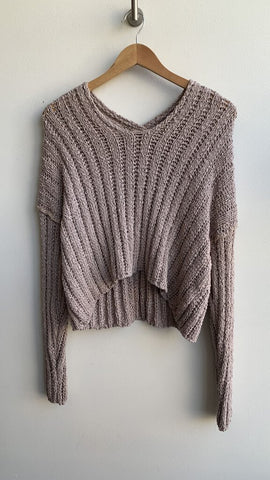 Taupe Ribbed Knit V-Neck Sweater - Size Large