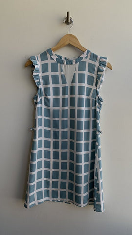 Ezra Sky Blue/White Checkered Dress With Mesh Detailing On The Back And Ruffle Sleeves - Size Small