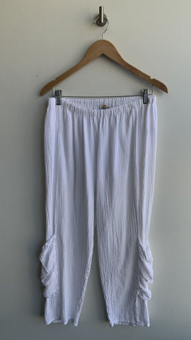 Abaca White Cotton Side Pocket Pull-On Pants - Size Medium (Estimated)
