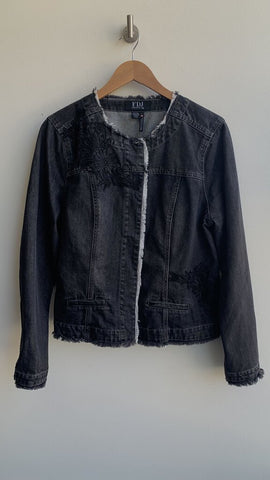 FDJ Washed Black Embroidered Patch Denim Jacket - Size Large