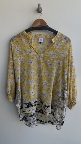 Cabi Mustard Floral Print 3/4 Sleeve Sheer Blouse - Size Small