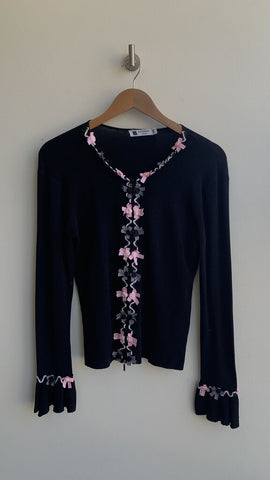 Elegance Knitwear Black Ribbon Rose Detail Zip Front Long Sleeve Top - Size Medium