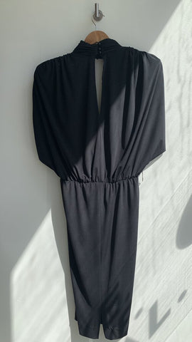 Vintage Algo Boutique Black Padded Shoulder Rhinestone Neckline Dress - Size 7