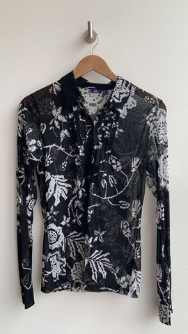 Mexx Black/White Floral Print Mesh Button Front Shirt - Size X-Large