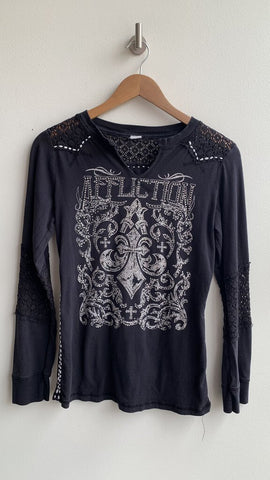 Affliction Black Blingy Graphic Long Sleeve Top - Size Small (Estimated)