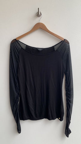 Guess Black Rouched Mesh Sleeve Top - Size Medium