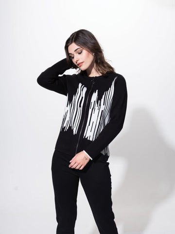 Alison Sheri Black/White Pattern Zip-Front Knit Jacket