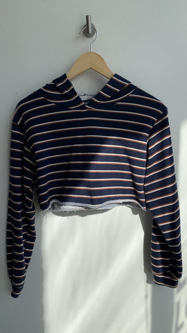 Tres Bien Navy with Rust/White Striped Hooded Cropped Long Sleeve Top - Size Medium (Estimated)