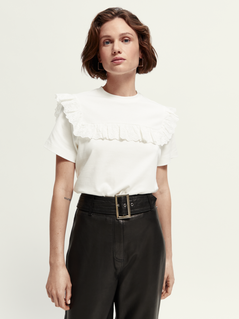 Scotch & Soda White Lace Ruffle T-Shirt