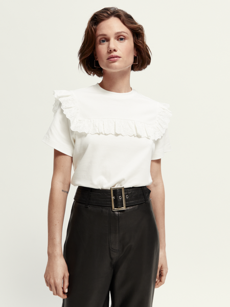 Scotch & Soda White Lace Ruffle T-Shirt