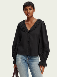 Scotch & Soda V-Neck Broderie Anglaise Organic Cotton Blouse