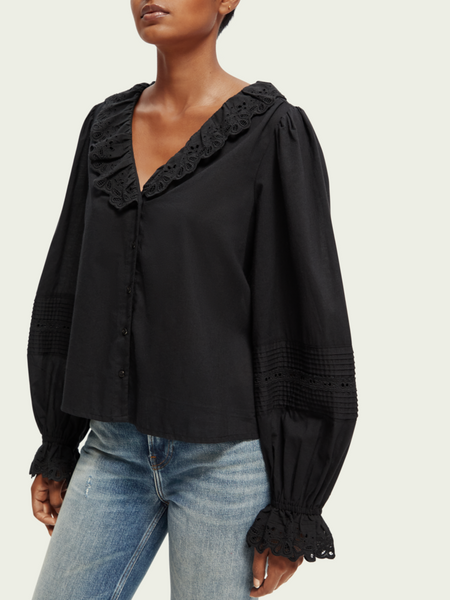 Scotch & Soda V-Neck Broderie Anglaise Organic Cotton Blouse