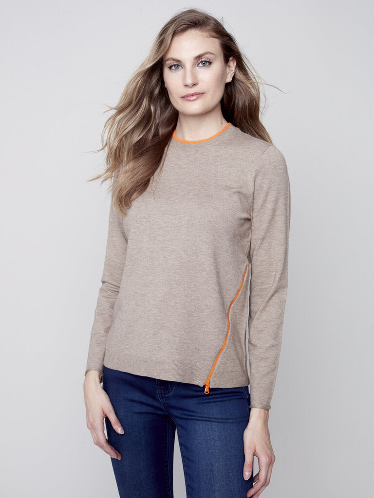 Charlie B Orange Detail Sweater in Truffle