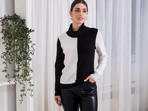 Alison Sheri Black/White Colour Block Cowl Neck Sweater