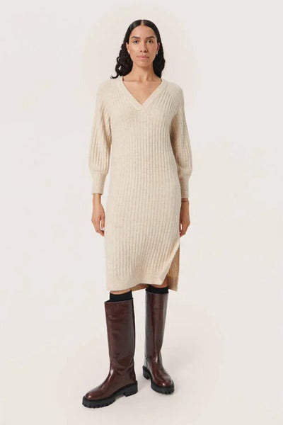 Soaked In Luxury 'Rakel' Sandshell Ribbed Knit V-Neck Long Sleeve Dress