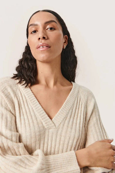 Soaked In Luxury 'Rakel' Sandshell Ribbed Knit V-Neck Long Sleeve Dress