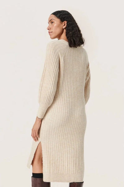 Soaked In Luxury 'Rakel' Sandshell Ribbed Knit V-Neck Long Sleeve Dress