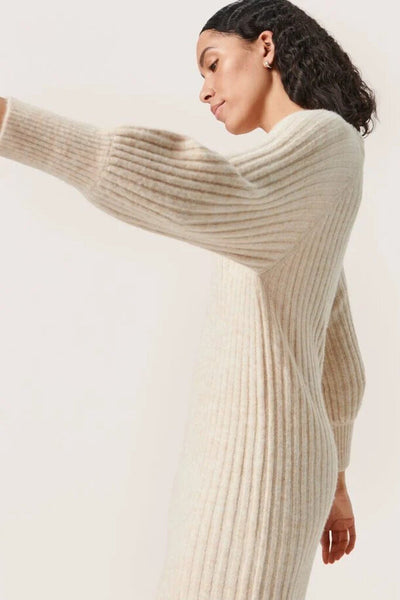 Soaked In Luxury 'Rakel' Sandshell Ribbed Knit V-Neck Long Sleeve Dress