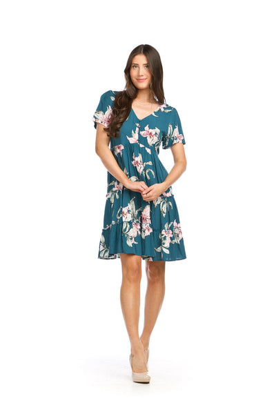 Papillon Green Floral Ruffle Tiered Button Front Dress