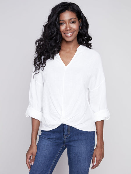 Charlie B Bubble Cotton Twist Front Blouse - White