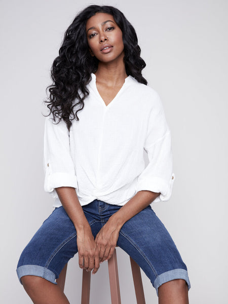 Charlie B Bubble Cotton Twist Front Blouse - White