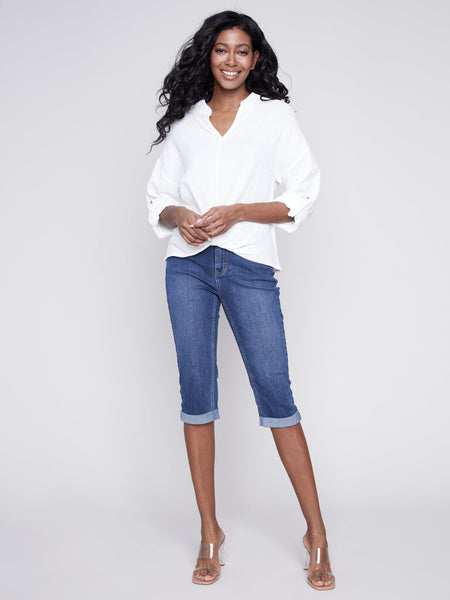 Charlie B Bubble Cotton Twist Front Blouse - White