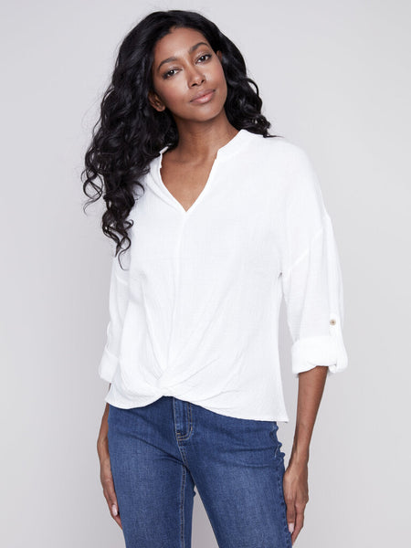 Charlie B Bubble Cotton Twist Front Blouse - White