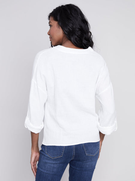 Charlie B Bubble Cotton Twist Front Blouse - White