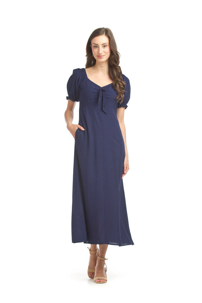 Papillon Navy V-Neck Front Bow Midi Dress