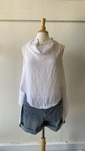 Eternelle Sleeveless Cowl Neck High Low Linen Tank - White