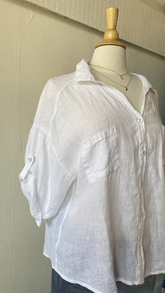 Eternelle Boxy Rolled Sleeve Button Down Top - White