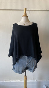 Eternelle Raw Fringe Hem Poncho Top - Black