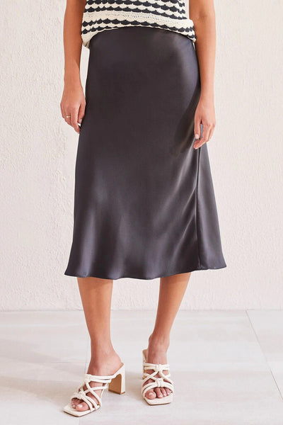 Tribal Pull-On Satin Midi Skirt - Black