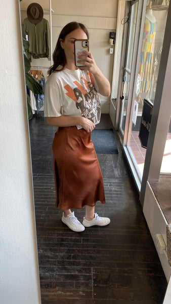 Tribal Pull-On Satin Midi Skirt - Marsala