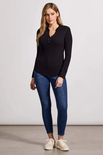 Tribal Soft Washed Waffle Button Henley Top - Black