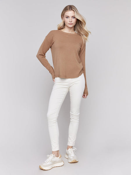 Charlie B Frayed Hem Plushy Crewneck - Truffle