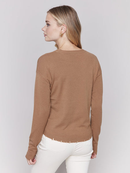 Charlie B Frayed Hem Plushy Crewneck - Truffle