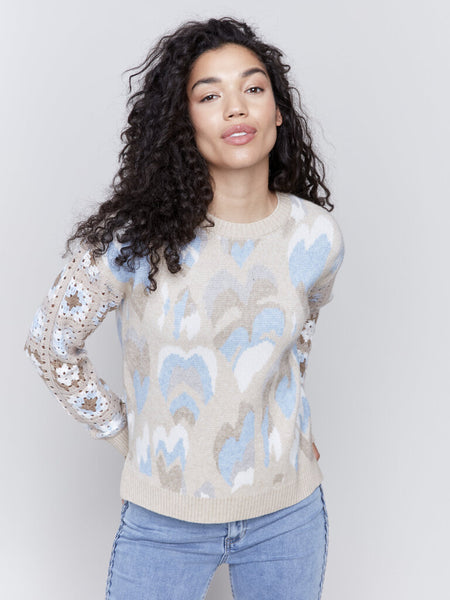 Charlie B Ocean Hearts Print Crochet Sleeve Sweater