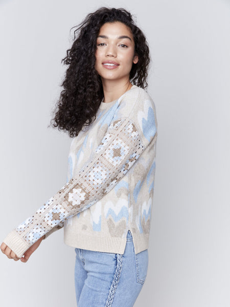 Charlie B Ocean Hearts Print Crochet Sleeve Sweater