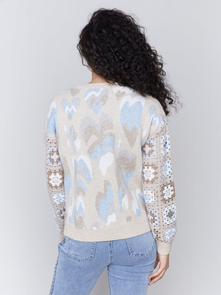 Charlie B Ocean Hearts Print Crochet Sleeve Sweater