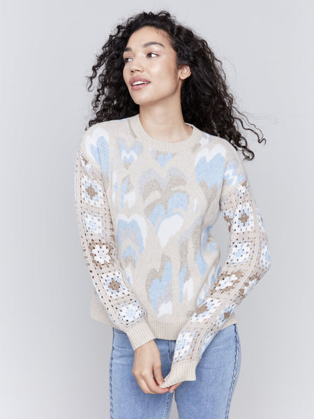 Charlie B Ocean Hearts Print Crochet Sleeve Sweater