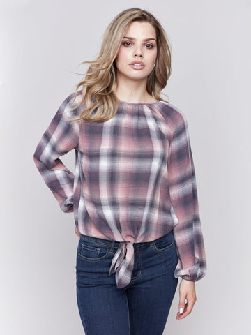 Charlie B Plaid Front Knot Blouse